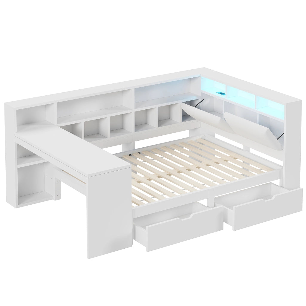 Letto combinato 140 × 200 cm con scrivania, libreria, cassetti, LED e USB, senza materasso, bianco