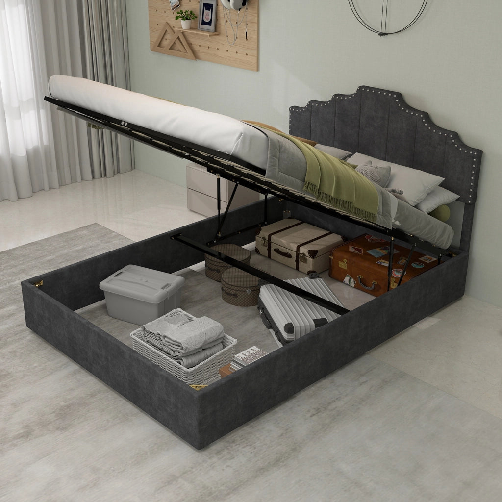 Letto Matrimoniale 140x200 cm; Letto con Materasso; Testiera Geometrica in Velluto Grigio