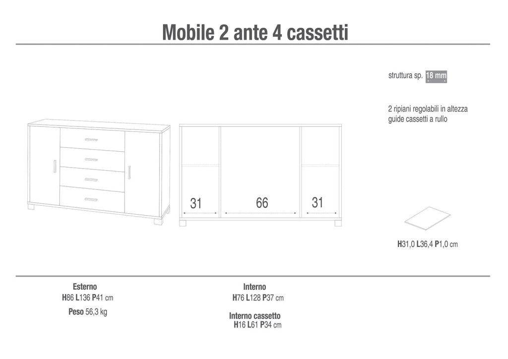 Madia 2 Ante 4 Cassetti 136x86x41 cm Noce Stelvio/Bianco Fiammato