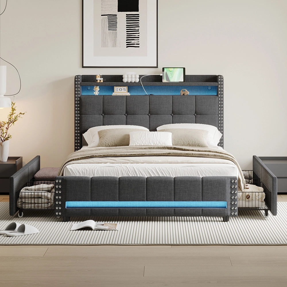 Letto imbottito 140x200 cm - Xylo - LED, USB, 4 cassetti grigio