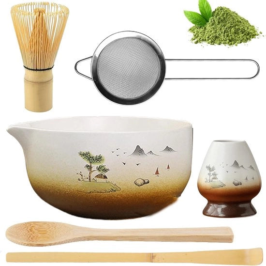 Set di Pennelli 6 pezzi - Pennello per Matcha - Scopa - Cucchiaio - Setaccio - Custodia - Ceramico - Giapponese Set di Te - Adatto per gli Amanti del Tè - Bianco