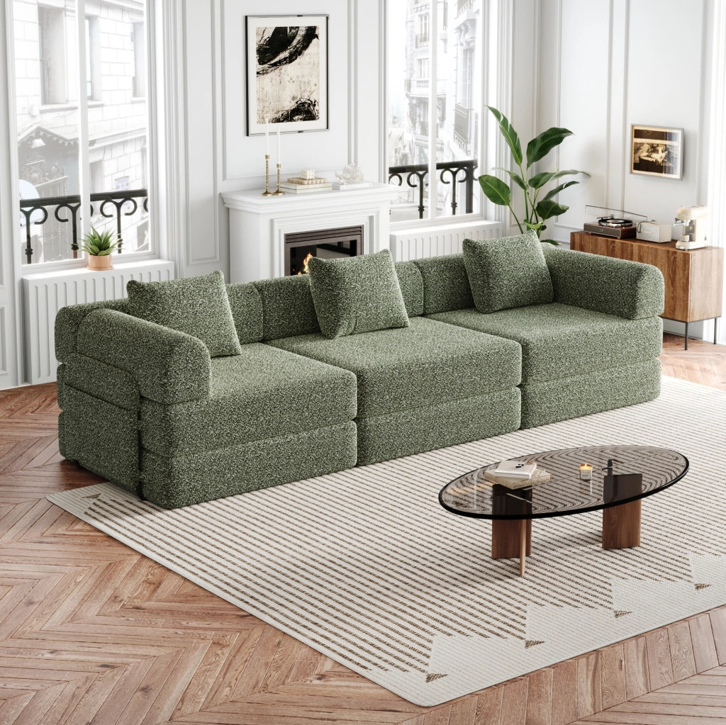 Poltrona letto ULEVR 2 in 1 in ciniglia verde con vano portaoggetti nel bracciolo