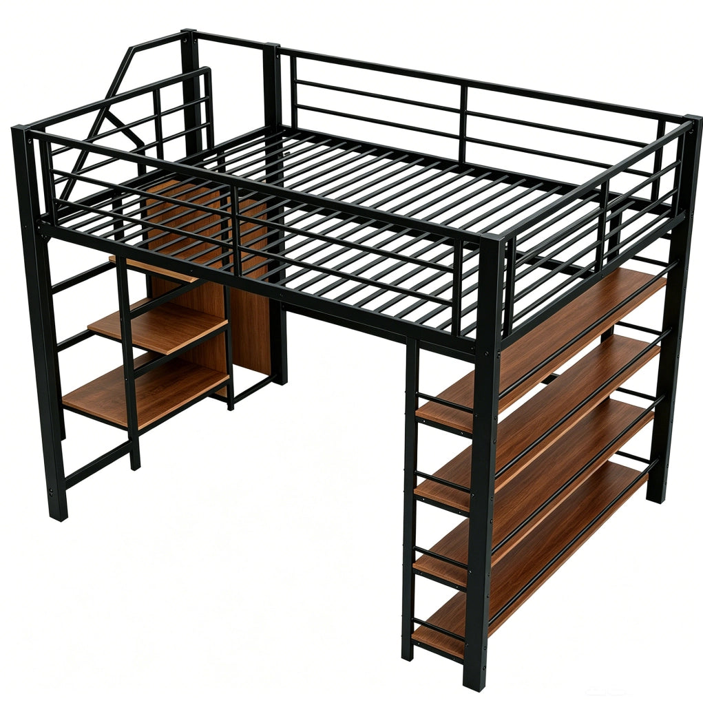 Letto a soppalco 140x200 con scala contenitore, guardaroba e ripiani