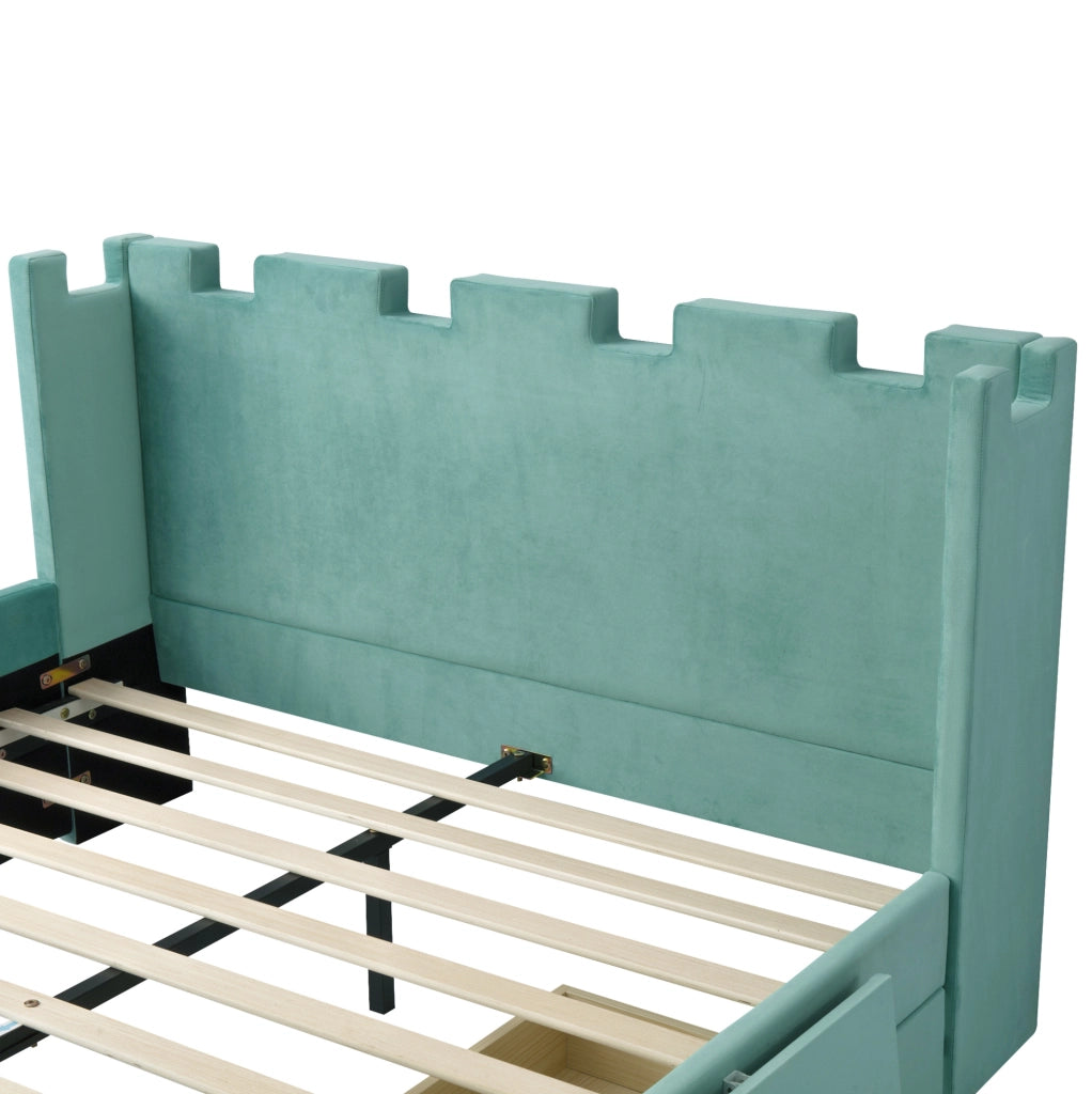 Letto imbottito per bambini con design a castello e contenitore laterale