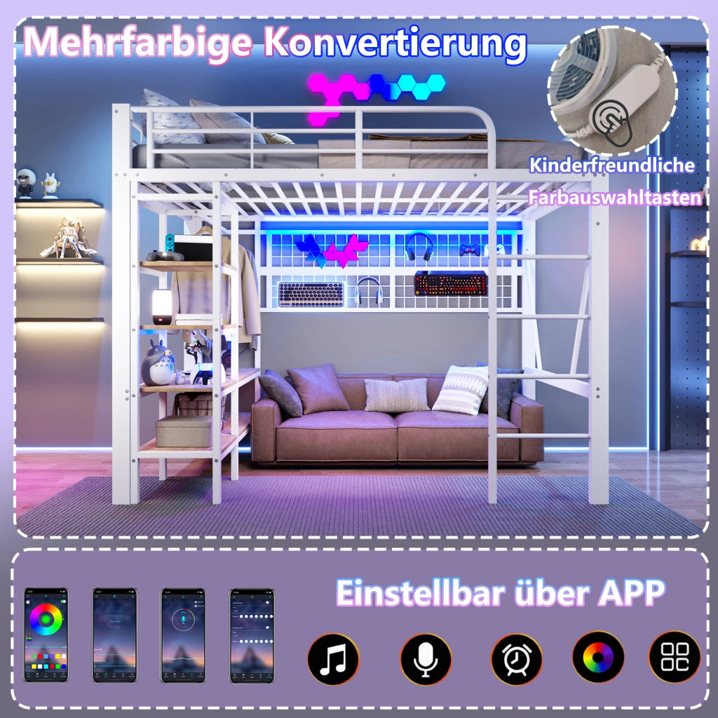 Letto a soppalco 140 × 200 cm con LED; ripiano; rete appendiabiti e stendibiancheria in metallo e MDF bianco