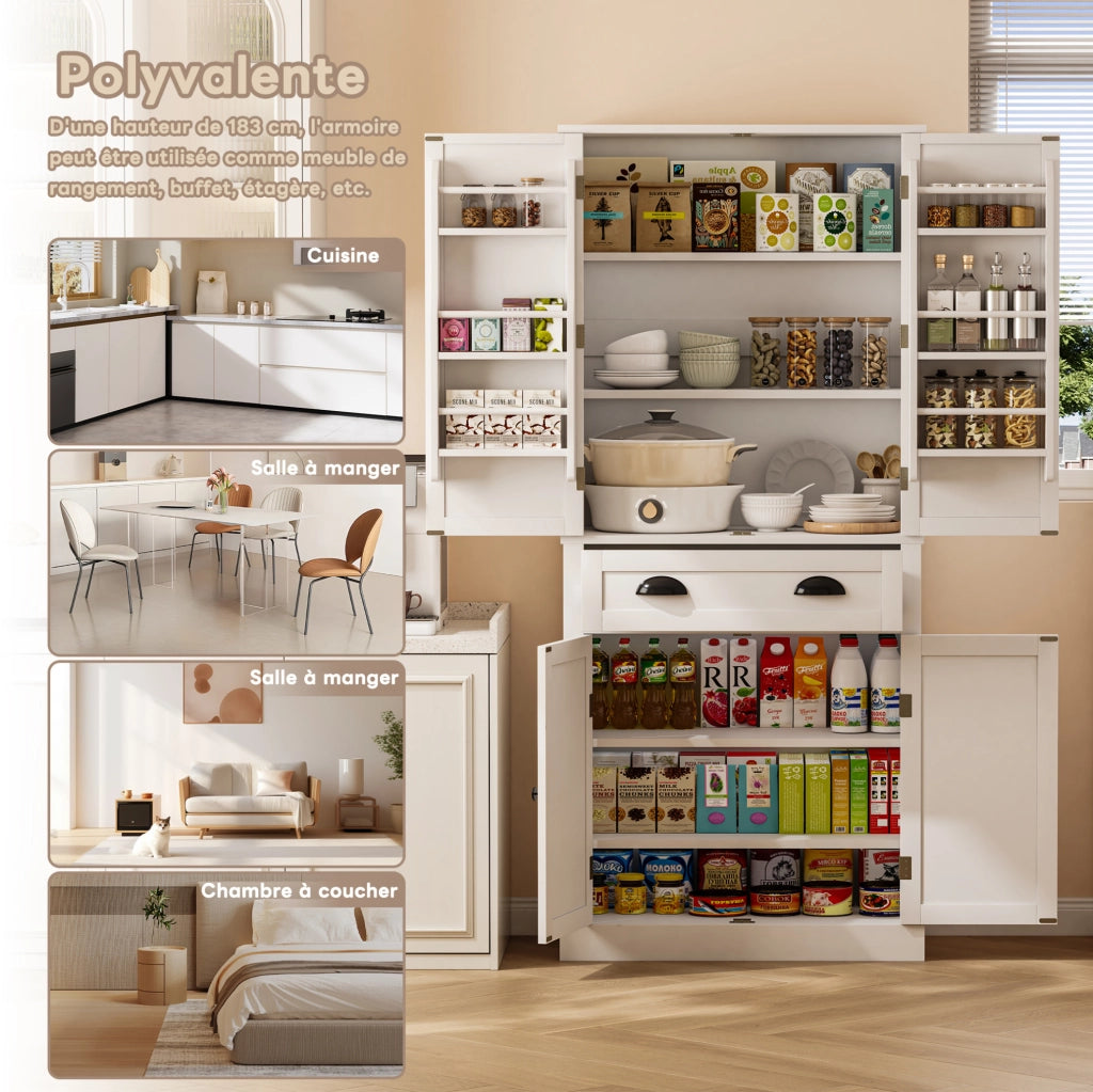 Armadio dispensa alto 182 cm con 4 ante e 1 cassetto; in MDF bianco