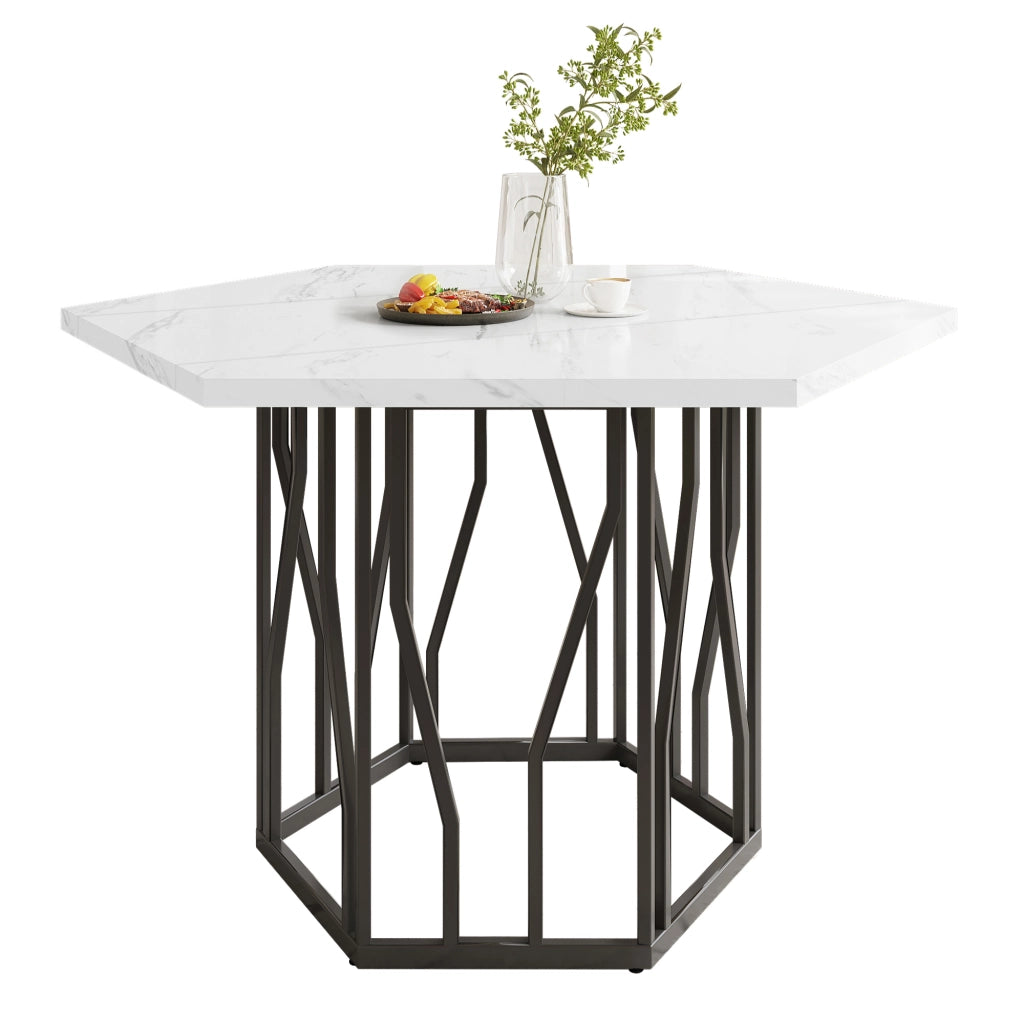 Tavolo da pranzo con 4 sedie, piano effetto marmo e struttura in metallo nero, per sala 115,5 × 100 × 75 cm