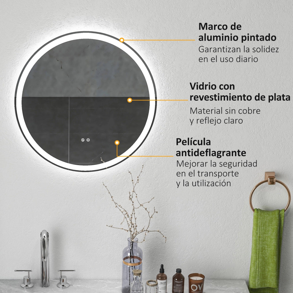 Specchio da bagno con luci LED ¨C zephmum ¨C rotondo ?60 cm, antivaho, memoria