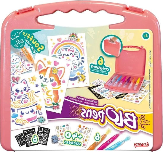 Valigetta Kawaii per Colorare a Soffio per Bambini dai 5 anni - Kit Portatile con Pennarelli Stencil Riutilizzabili - 6 Pennarelli + 6 Stencil + 6 Fogli + 40 Sticker - Tappi Lavabili