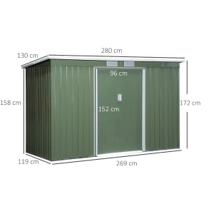 Casetta da giardino in acciaio zincato con tetto inclinato e griglie di ventilazione, verde chiaro, 3,2 m²