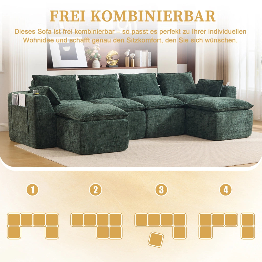 Divano modulare 4 posti con tasche laterali e cuscini in chenille verde per soggiorno e sala d'attesa 322 × 161 × 75 cm