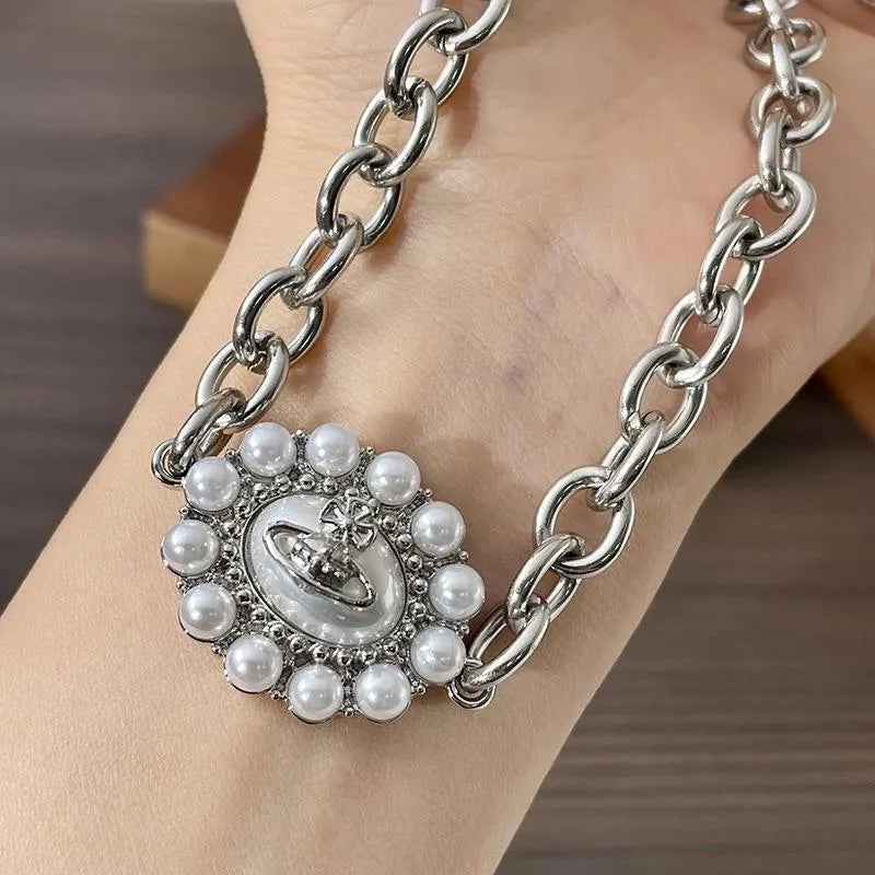 Collana vintage con perle rotonde e pianeti, regalo di Natale o compleanno.