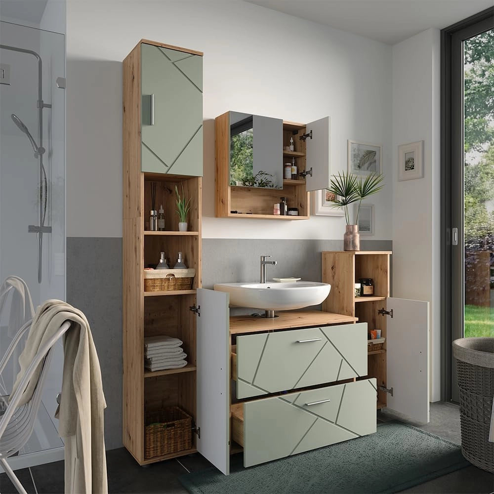 Set di mobili da bagno Irma, Verde salvia, 80 cm, composto da mobile lavabo, pensile a specchio, colonna e base media