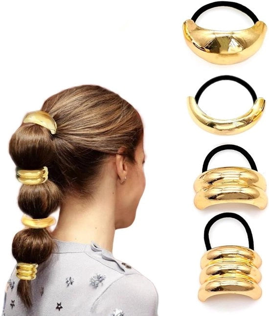 Set di 4 Fascette per Coda di Cavallo in Oro, Fascette Elastiche con Metallo, Design Elegante - Accessori per Coda di Cavallo