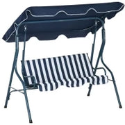 Dondolo da Giardino 3 Posti con Tetto Impermeabilizzato ad Inclinazione Regolabile, Cuscini per la Seduta, Schienale, Design a Righe, Bianco e Blu