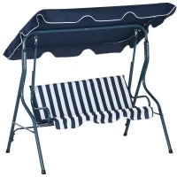 Dondolo da Giardino 3 Posti con Tetto Impermeabilizzato ad Inclinazione Regolabile, Cuscini per la Seduta, Schienale, Design a Righe, Bianco e Blu