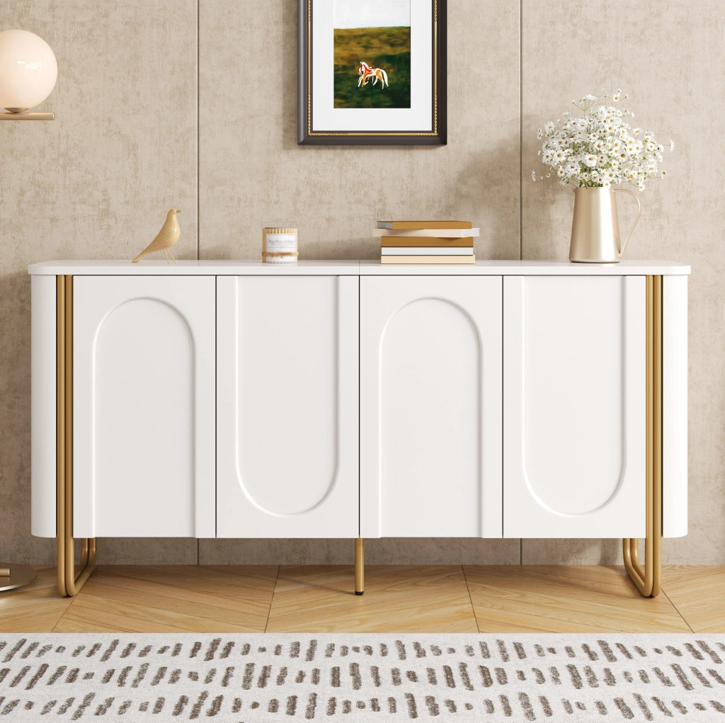 Sideboard in MDF Weiß mit Bogenrelief, 4 Türen, Eisenfüße, 160x35x80,5 cm
