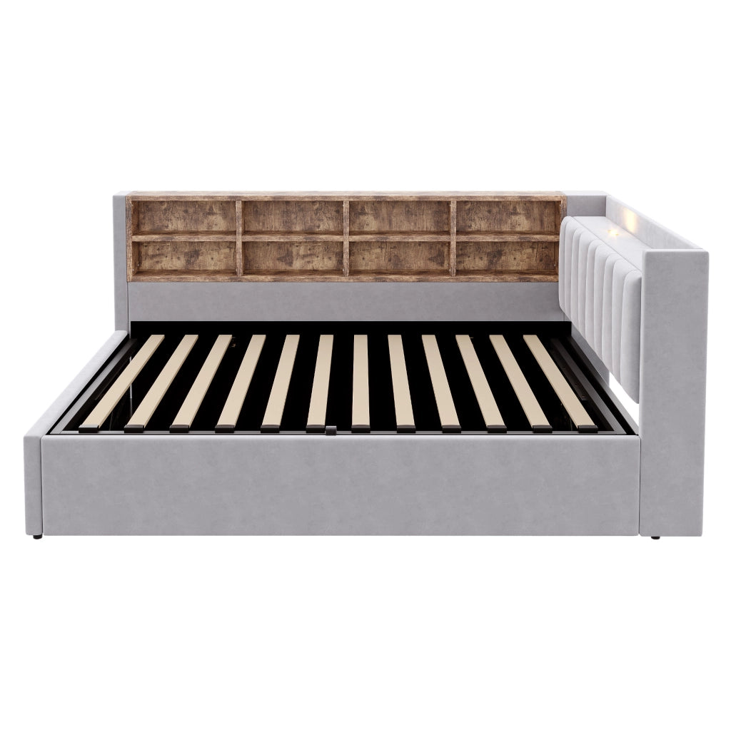 Letto imbottito 140x200 cm con vano contenitore, USB, Type-C e ripiani