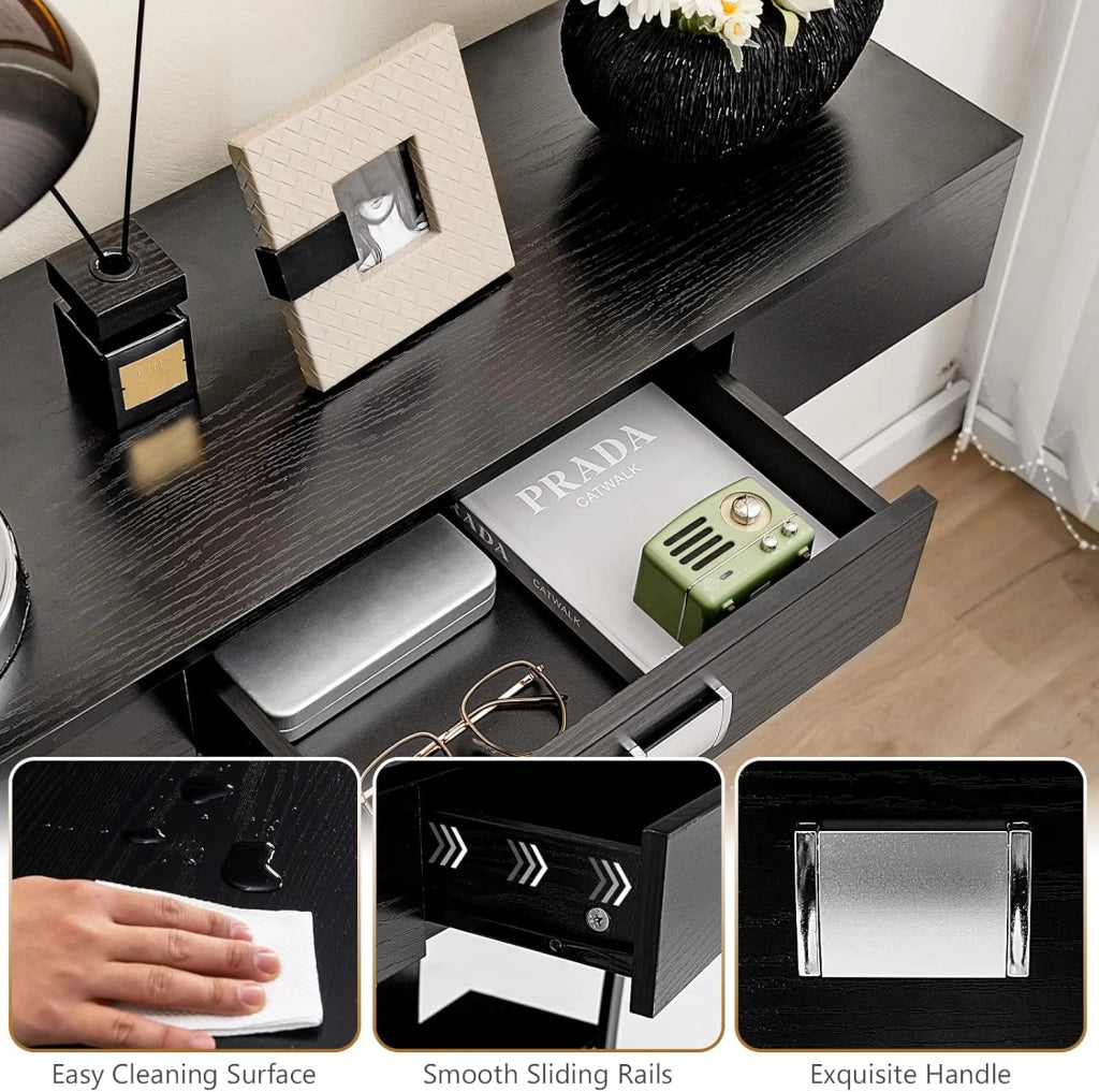 Tavolo consolle in legno vintage con cassetti e 2 ripiani, tavolo da pavimento industriale con telaio in metallo, tavolino sottile con protezione antiribaltamento, 91 x 30 x 88 cm (nero)