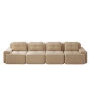 Divano modulare 4 posti in velluto di cotone beige, senza gambe, con seduta profonda e base antiscivolo