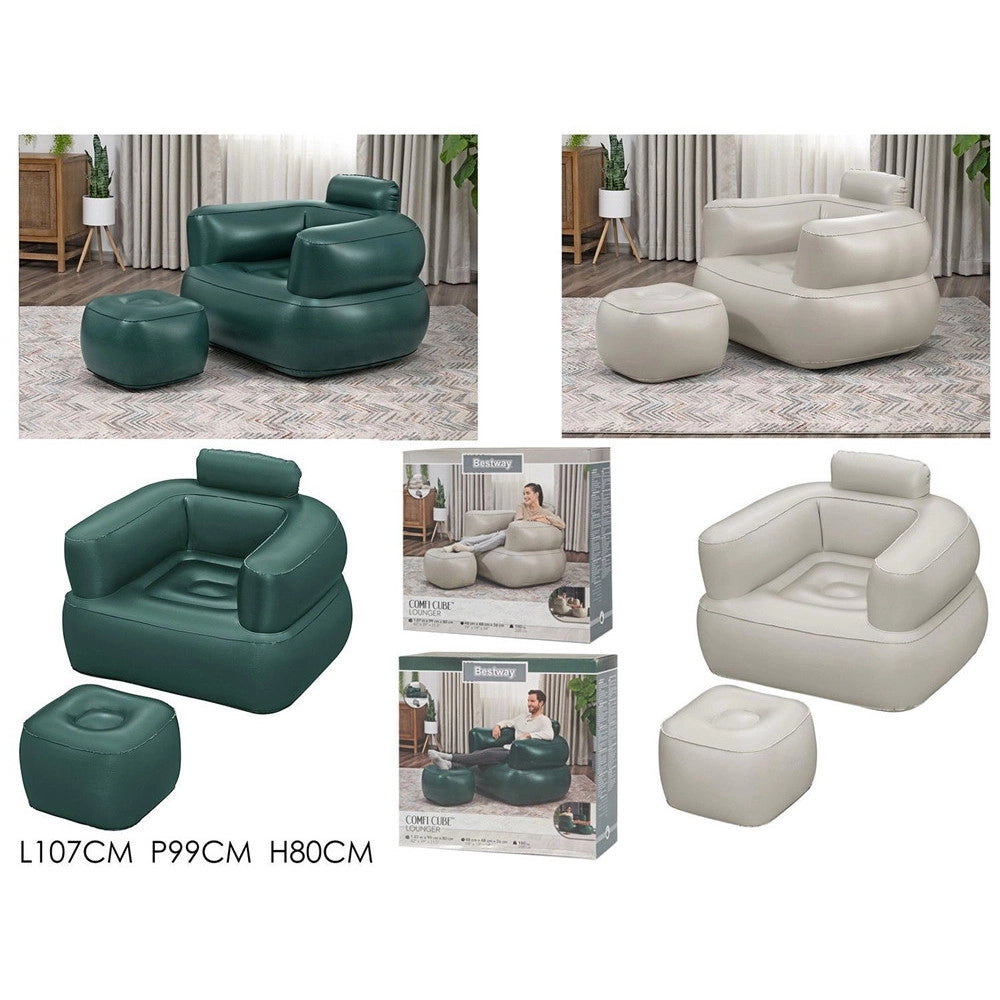 Trade Shop - Poltrona Gonfiabile Relax Comfort Con Braccioli Pouf Poggiapiedi Comfi Cube 107x99x80cm -