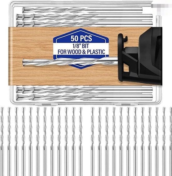 50 pezzi di foratura 1/8 pollice, per legno e plastica, foratura a sega, sega a spirale in legno, set di foratura per gesso, attrezzo rotante ad alta velocità, argento.