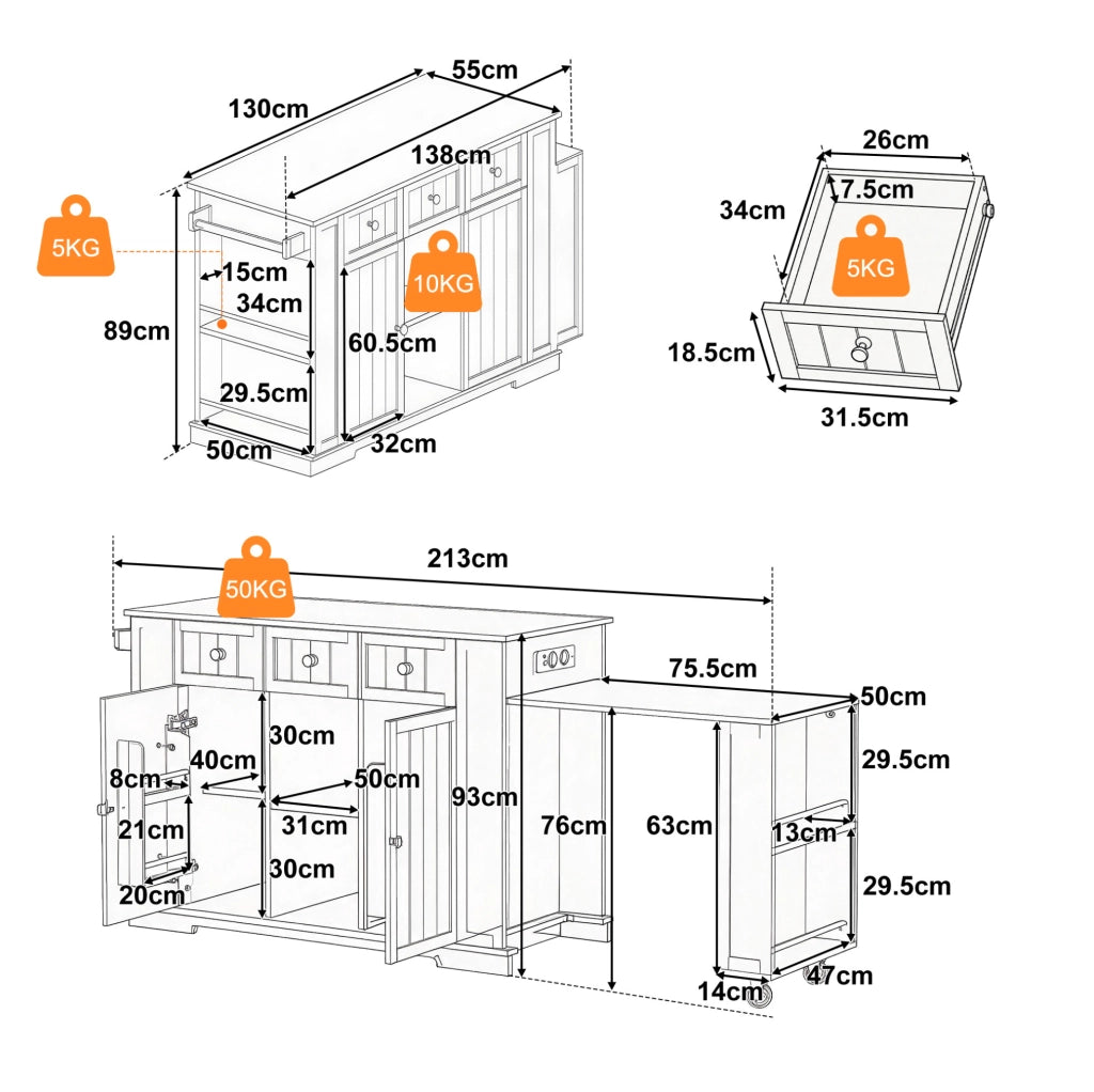 Isola da cucina mobile con tavolo estraibile e prese USB