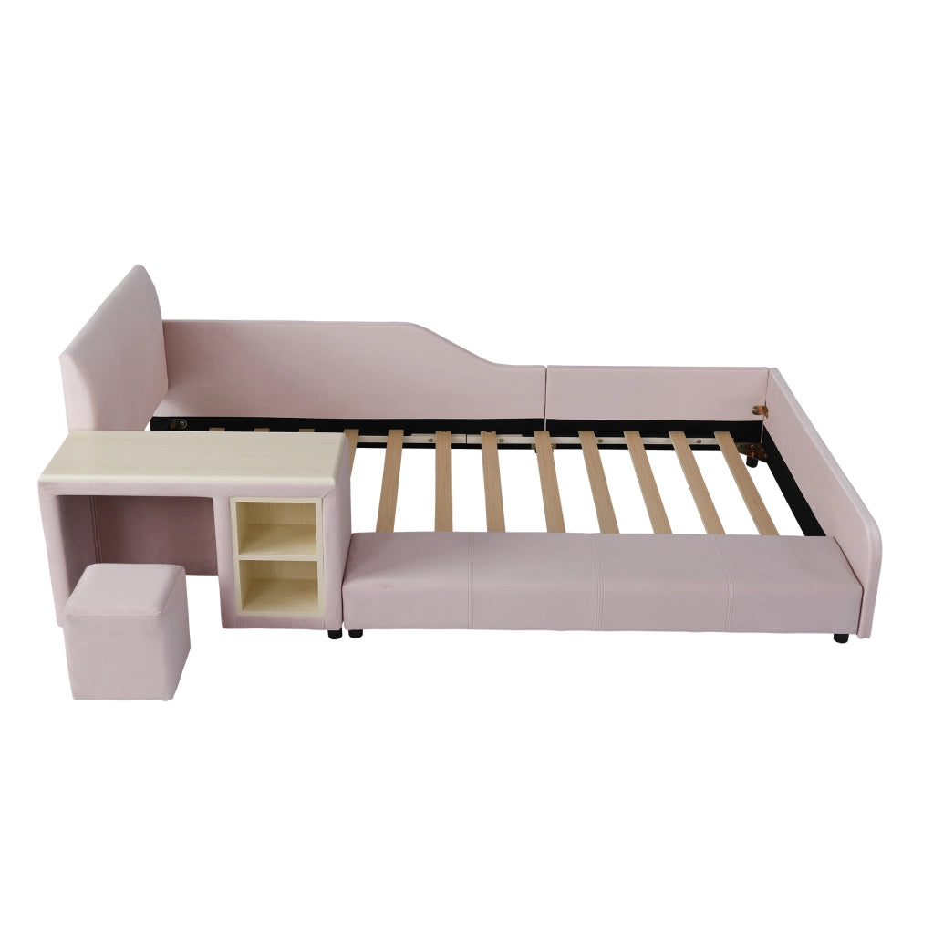 Letto imbottito 90x200 cm con scrivania; sgabello e ripiano in velluto rosa
