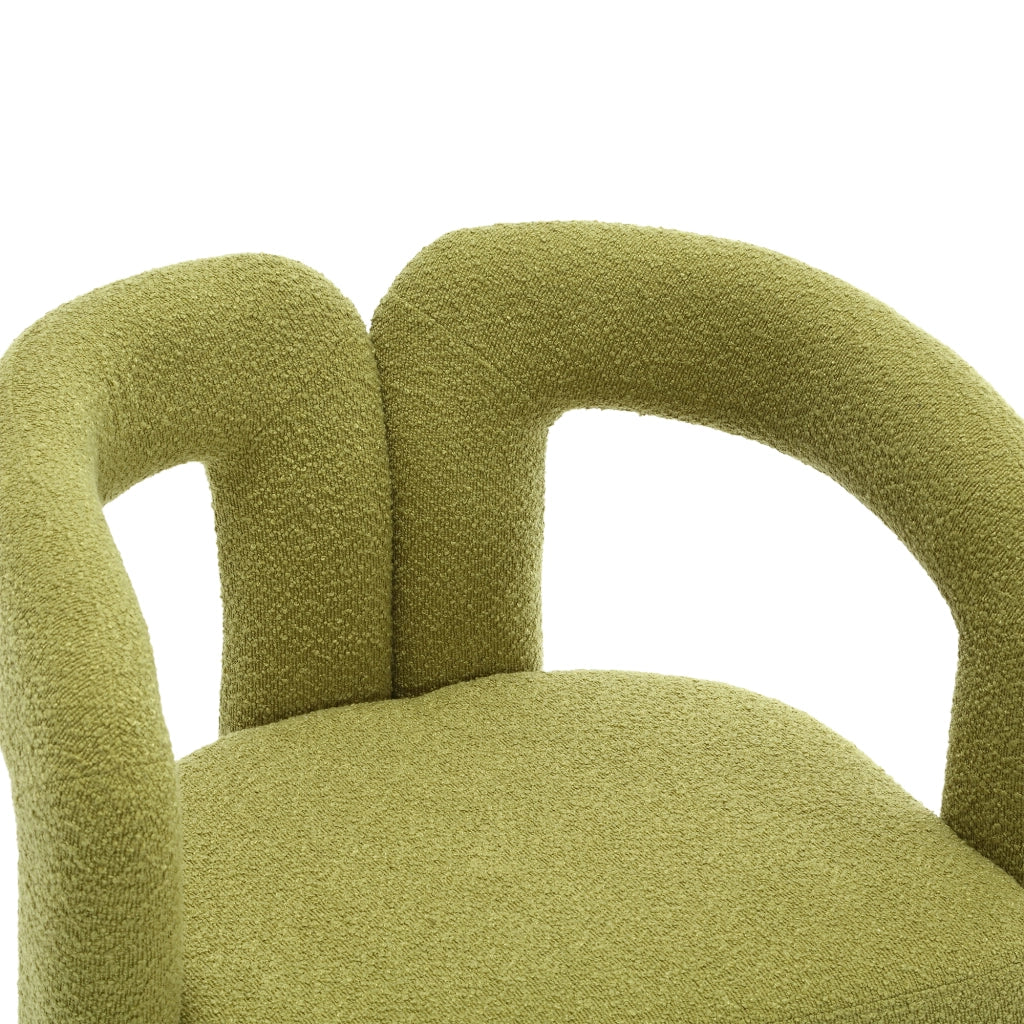 Poltrona girevole 360° in bouclé verde oliva, seduta imbottita con base metallica, per soggiorno e camera da letto