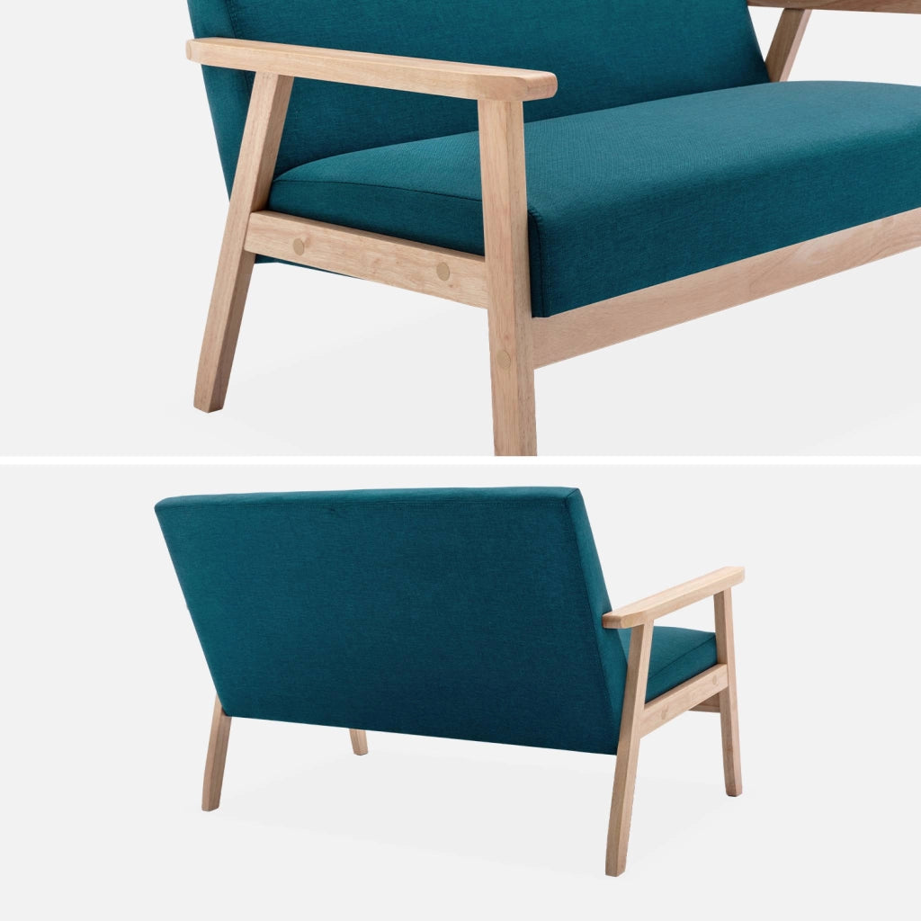Divano stile scandinavo in legno e tessuto, 2 posti, blu smeraldo