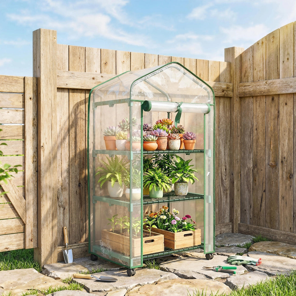 Serra da giardino con 3 ripiani, copertura in PVC, porta a rullo ¨C zephmum ¨C trasparente 69x49x130 cm