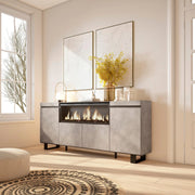 Credenza, Mobile, 208x35x87cm, 4 Porte, Camino elettrico XXL, Design industriale, grigio cemento RF3234