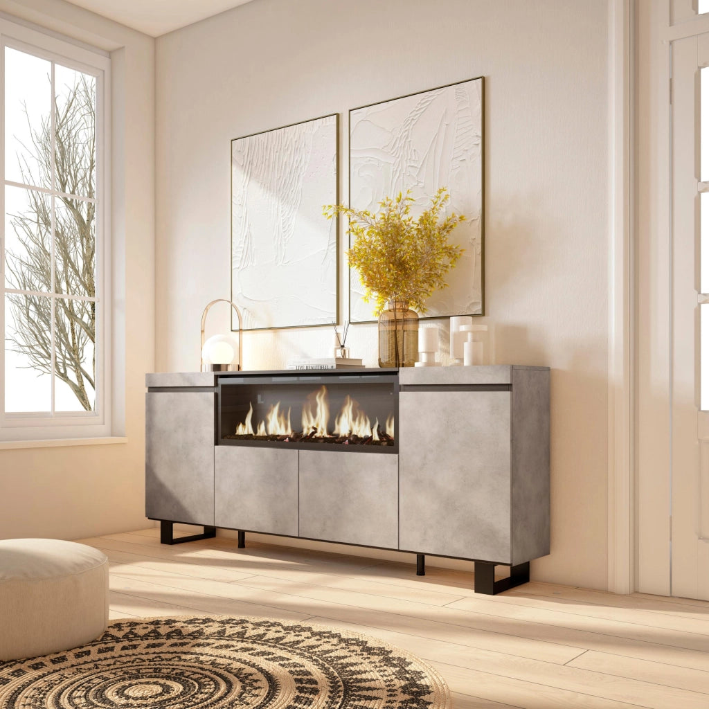Credenza, Mobile, 208x35x87cm, 4 Porte, Camino elettrico XXL, Design industriale, grigio cemento RF3234
