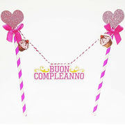 Trade Shop - Bandierine Cannucce Torta 2 Pezzi Rosa Buon Compleanno Decorazione Festa -