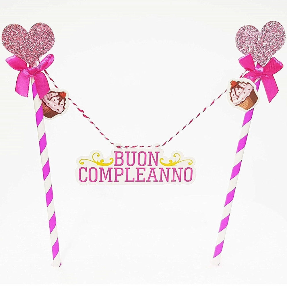 Trade Shop - Bandierine Cannucce Torta 2 Pezzi Rosa Buon Compleanno Decorazione Festa -
