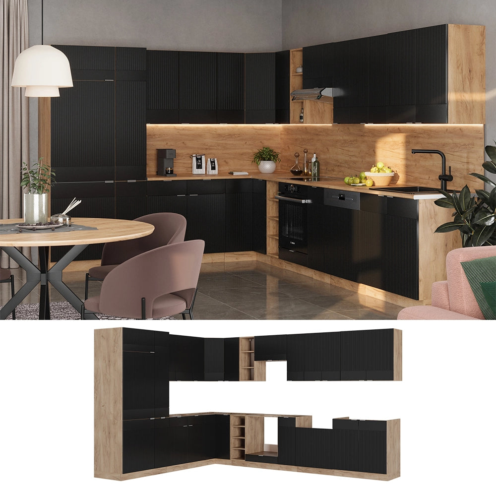 Cucina angolare completa Fame-Line Nero rigato/Rovere dorato 347 x 60 cm, PL Marmo Vicco