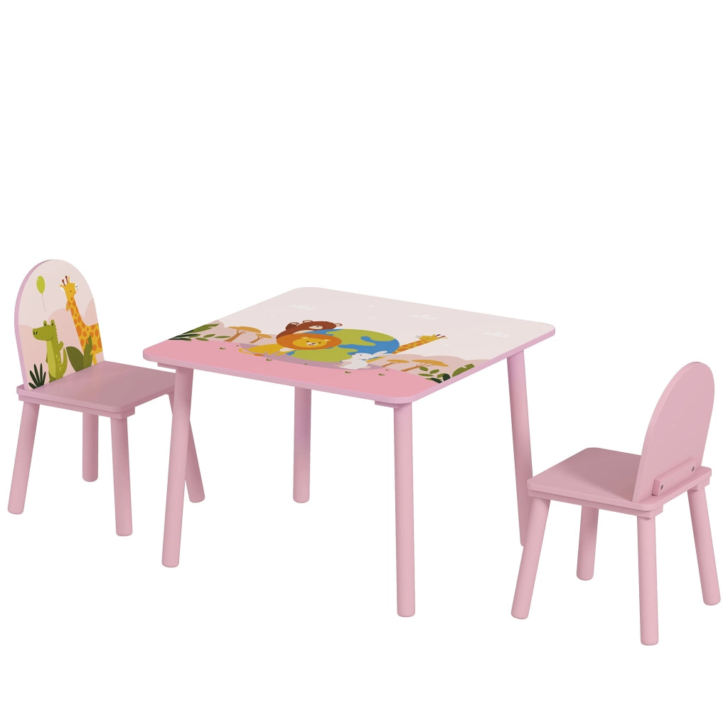 Set Tavolo e Sedie per Bambini 3-8 Anni Disegni di Animali e Bordi Arrotondati in MDF e Legno di Pino Rosa