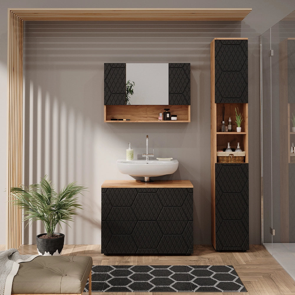 Vicco Set mobili bagno Antracite con struttura a nido d'ape 3 pezzi, con mobile a specchio 80 cm