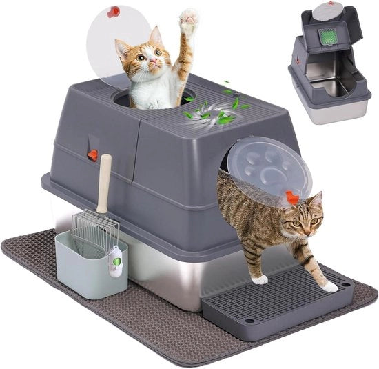 Scatola per Gatto in Acciaio Inossidabile XXL con Coperchio - Dimensione Grande per Gatti Grandi con Altezza del Bordo Elevata - Scatola per Gatto in Metallo Non Adesiva (Grigia)