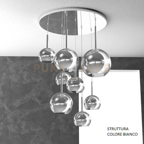 SOSP. BIANCO TONDA 8 LUCI VETRI (1 GRANDE+2 MEDIO +5 PICCOLO) TUTTI CROMO 1155BI-S8 TMIX-CR