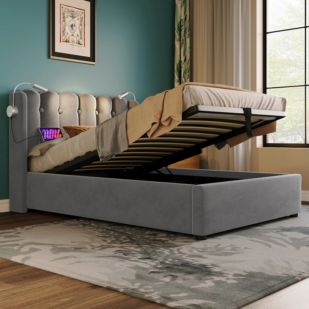 Letto a cassettoni singolo imbottito - Xylo - 90x200 cm - Grigio - Testiera con spazio di archiviazione