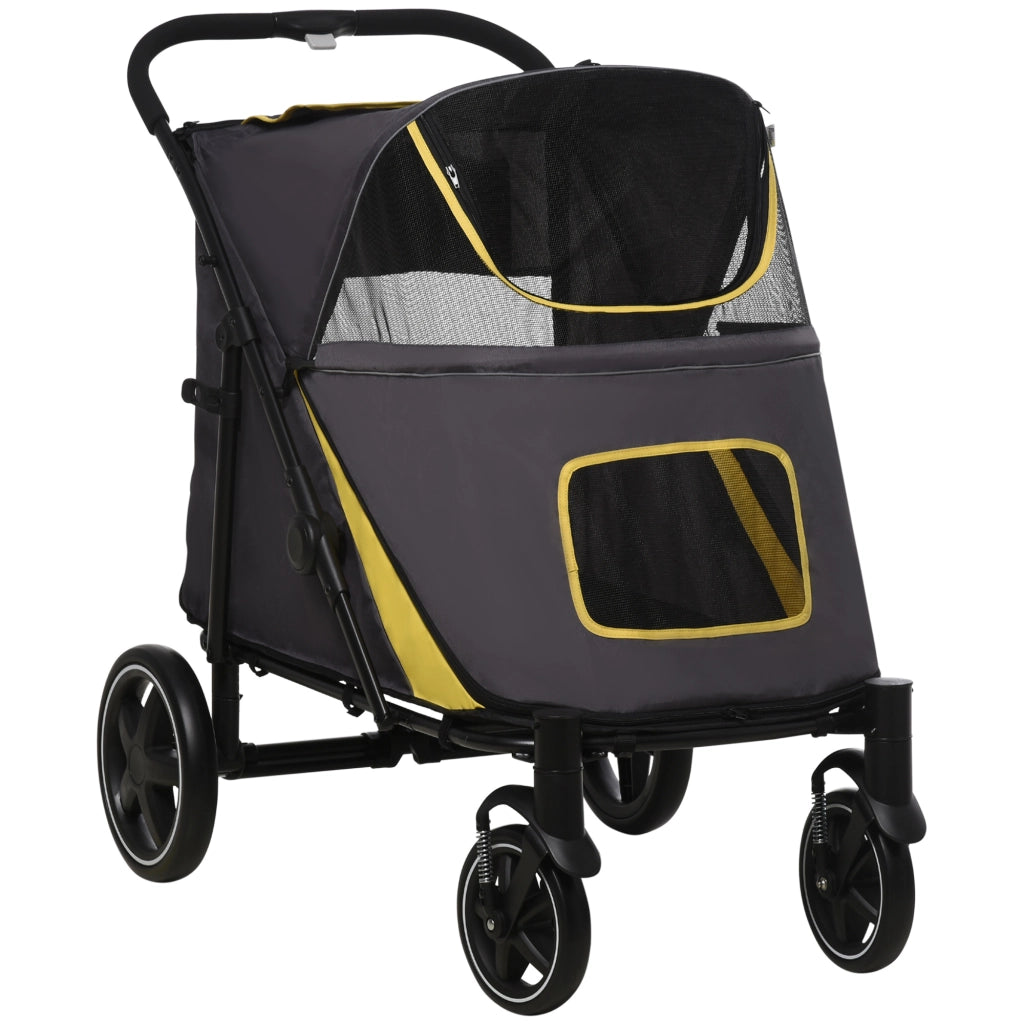 Carrello pieghevole per animali con chiusura a un clic, finestre in rete, ammortizzatori e freni, acciaio grigio scuro 112 × 65 × 100 cm
