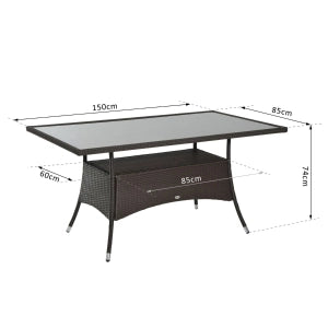 Tavolo da giardino in polyrattan con piano in vetro di sicurezza marrone per interno ed esterno 74 × 150 × 85 cm