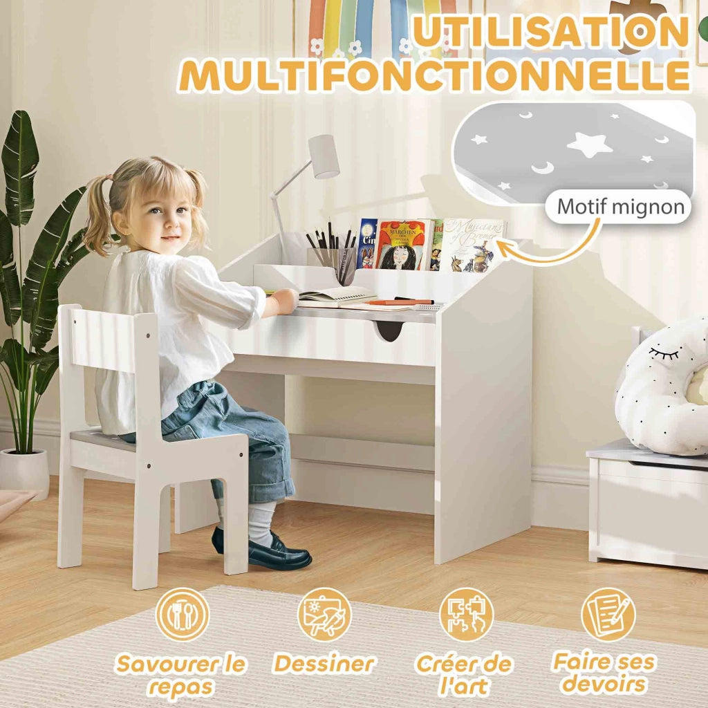 Scrivania per bambini con sedia ¨C zephmum ¨C Grigio, con cassetto e scaffale, motivo stellato