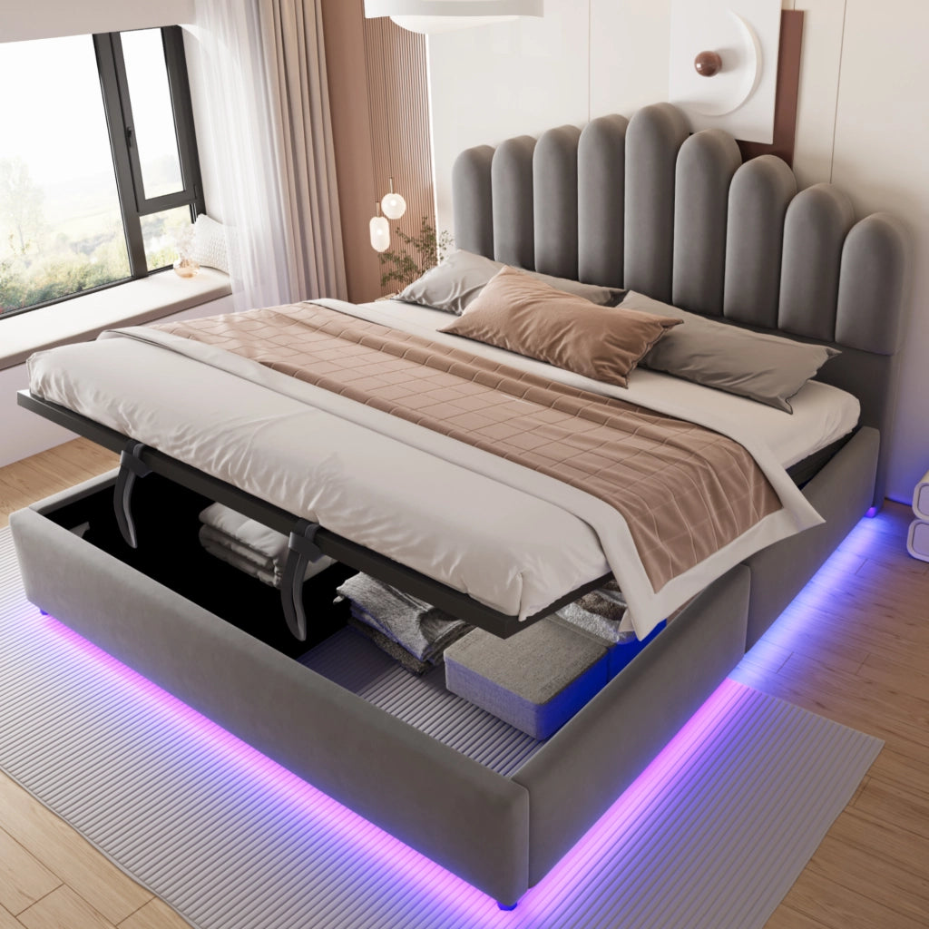 Letto imbottito 180x200 cm con contenitore idraulico, testiera imbottita, luce LED e struttura a doghe, colore grigio