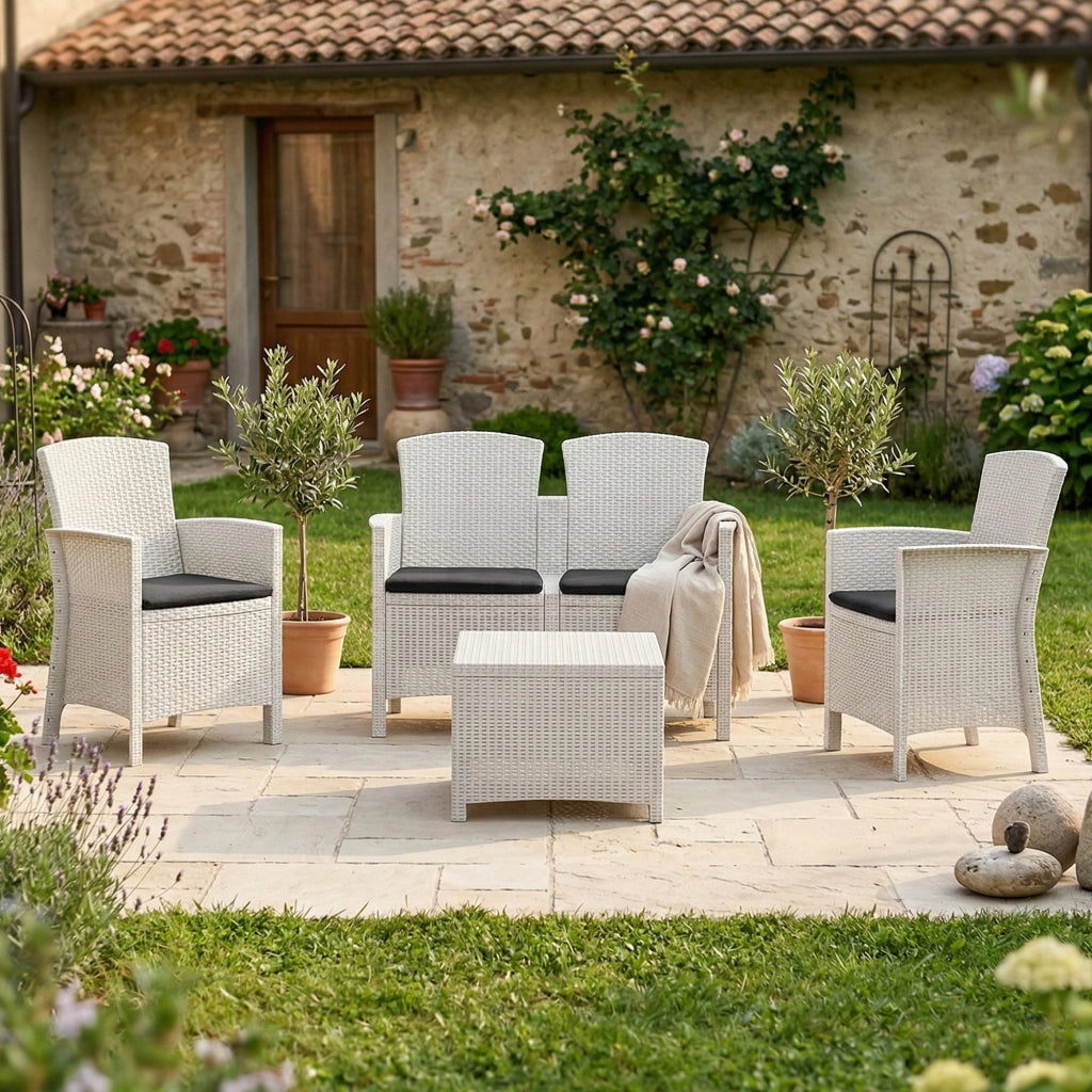 Salottino da esterno Asiak, Set da giardino con cuscini, Salottino  effetto rattan, 100% Made in Italy colore Bianco