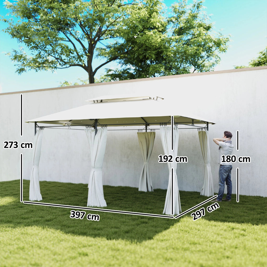 Gazebo da Giardino 3x4 m con Tende Rimovibili. Doppio Tetto e Struttura in Metallo. Crema