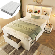 Letto singolo funzionale 90x200 cm Bianco - Zephmum - Con LED, USB-C, cassetti e scaffali, incl. materasso