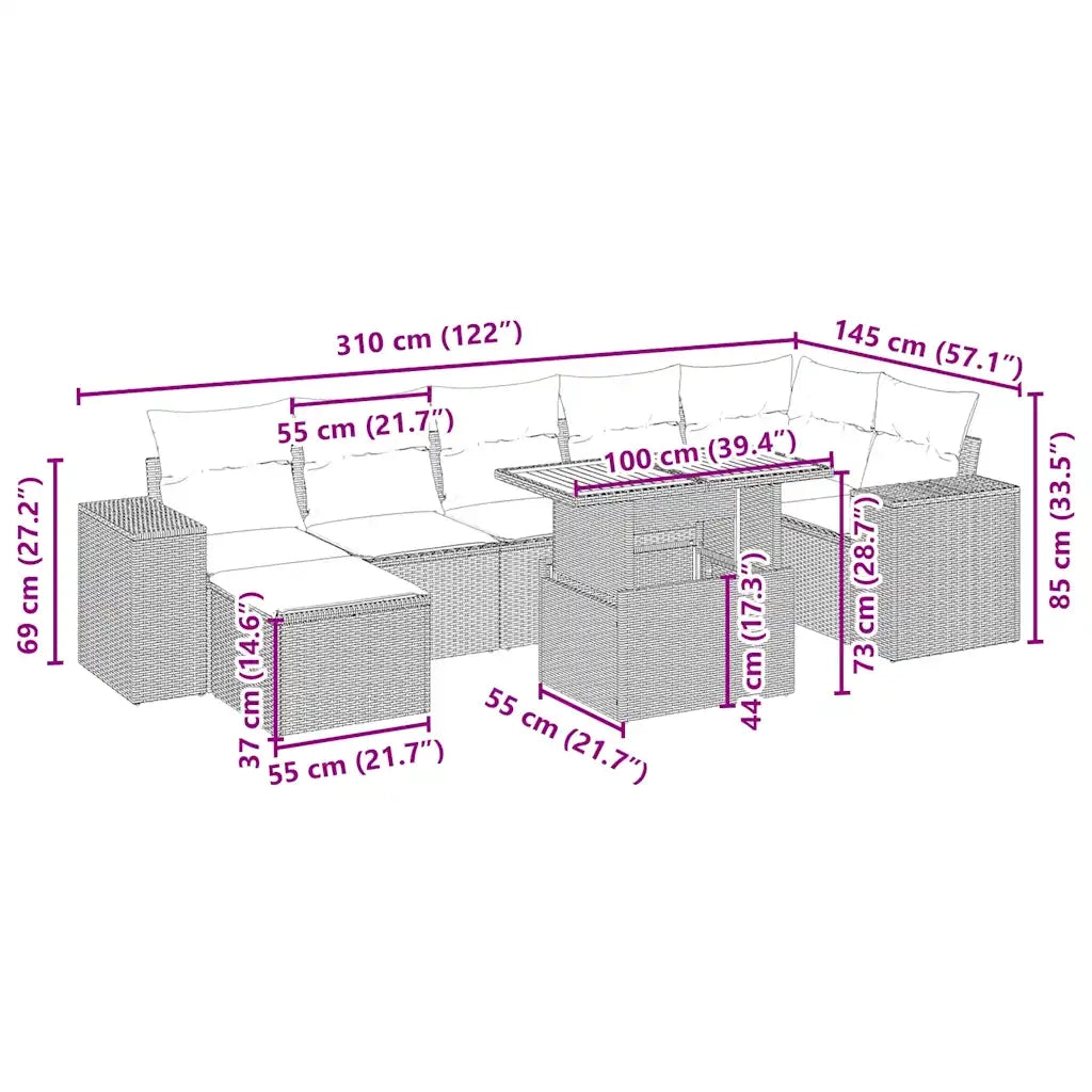 Set Divano da Giardino 8 pz con Cuscini Beige in Polyrattan 3275935