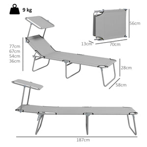 Set 2 Sdraio da Giardino 187x58x36 cm Pieghevoli con Tettuccio Regolabile in Tessuto Oxford e Metallo Grigio Chiaro